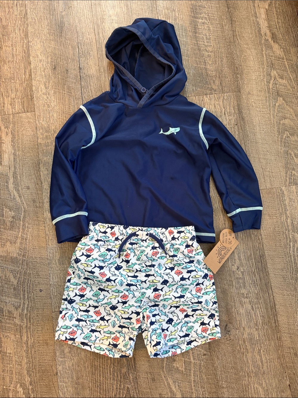 Navy Hooded Rash Guard with Shark Print Swim Set- Kids 18 month